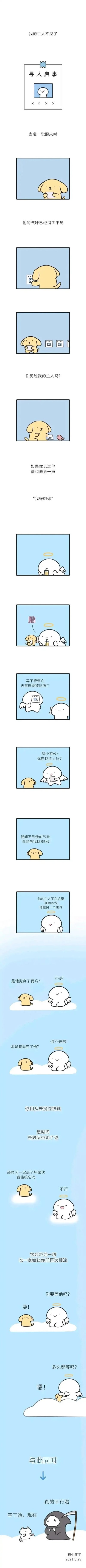 这是一则温情治愈的竖版连环卡通漫画，讲述了一只小狗一觉醒来后发现主人的气味消失不见，于是在天堂各处张贴寻人启事寻找主人。天使发现后与小狗对话，小狗担心是自己和主人互相抛弃，天使解释是时间带走了他们，并非彼此抛弃，还告诉小狗会让他们再次重逢。当天使问小狗是否愿意等待时，小狗开心地答应，最后兴奋地扑向天使，将天使扑倒在地，整体故事充满温暖与治愈感，展现了宠物与主人之间深厚的羁绊。