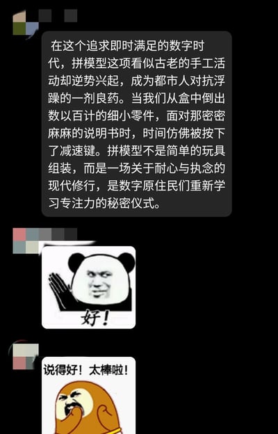 这是一张社交聊天平台的记录截图，内容分为三部分：第一部分是一段深度论述的原创文字，点明在追求即时满足的数字时代，拼模型这项手工活动成为都市人对抗浮躁的方式，它能让时间节奏放缓，并非简单的玩具组装，而是一场锻炼耐心、培养专注力的现代修行，帮助数字原住民重新找回专注的能力；第二部分是一张网络流行的熊猫头表情包，以戏谑的鼓掌动作配文“好！”，表达对前文观点的赞同；第三部分是一张卡通大叔表情包，以激动的姿态配文“说得好！太棒啦！”，进一步传递认可与赞许的情绪。整体展现了网友对“拼模型是数字时代专注力修行”这一观点的强烈共鸣。
