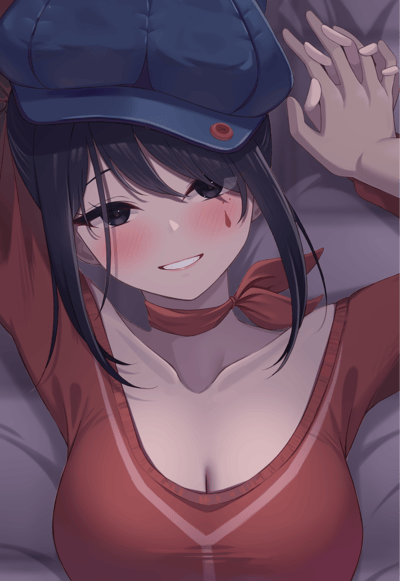 这是一张AI生成的二次元风格插画，画面中的黑发少女戴着深蓝色报童帽，身穿酒红色低领上衣，躺卧在柔软的床铺上，双手交握举在头的一侧。少女脸颊泛起红晕，嘴角带着浅笑，眼下有泪滴状的红色妆容，整体氛围带着羞涩又暧昧的感觉。
图中没有双关、谐音梗或暗示内容。