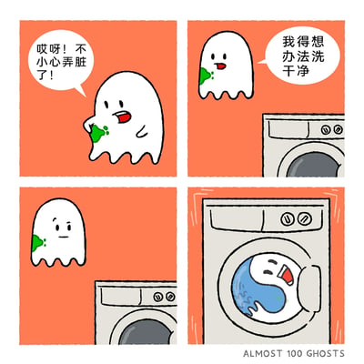 这是一幅四格冷幽默卡通漫画，讲述了小幽灵的趣事：第一格中小幽灵发现自己身上沾了绿色污渍，露出惊讶的表情并惊呼；第二格中小幽灵看到一旁的洗衣机，下定决心要把污渍清洗干净；第三格中小幽灵看着洗衣机，露出疑惑的神情；第四格中小幽灵钻进洗衣机，在洗衣机的水流和运转下，它的身体和洗衣机内的水形成了类似太极的图案，小幽灵在里面看起来十分开心，以一种乌龙又有趣的方式完成了“清洗”，利用幽灵的形态特点制造出轻松搞笑的冷笑话效果。