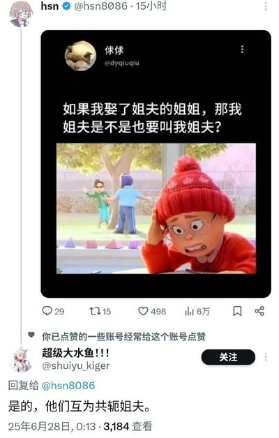 这是一张社交媒体截图，内容为用户“俅俅”发布的家庭关系逻辑谜题：“如果我娶了姐夫的姐姐，那我姐夫是不是也要叫我姐夫？”，配图是一个戴着红色帽子、眼镜，表情困惑扶额的动画角色。下方有用户“超级大水鱼!!!”的回复：“是的，他们互为共轭姐夫。” 整体场景充满幽默的逻辑困惑感，主要通过文字和角色表情传递搞笑的无奈情绪。