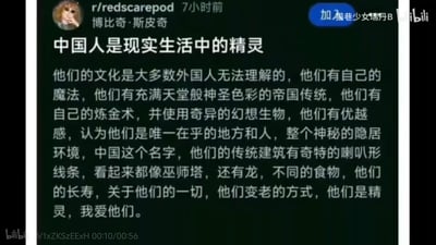 这是一张Reddit社区r/redscarepod板块的帖子截图，用户“博比奇·斯皮奇”发布了一篇充满浪漫想象的内容，将中国人比作现实生活中的精灵，用“魔法”“炼金术”“巫师塔般的传统建筑”“龙”等充满奇幻色彩的描述，表达了对中国文化独特性的赞叹，认为中国文化有着外国人难以理解的独特魅力，最后直白地表达了对中国人的喜爱。截图带有B站水印，说明该内容被B站用户搬运分享。