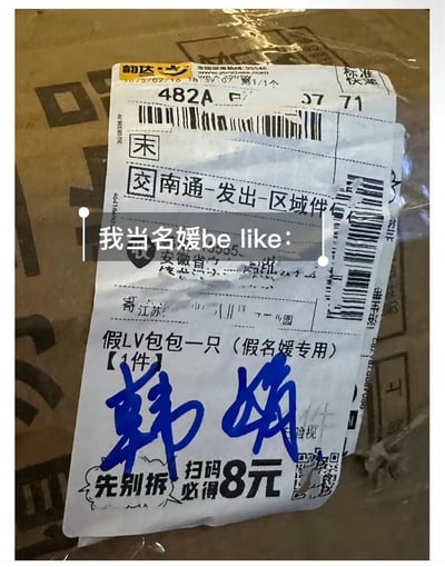 这是一张实拍的韵达快递面单梗图，面单贴在棕色快递纸箱上，物品栏明确标注货品为“假LV包包一只（假名媛专用）”，面单上还有收件人手写签名、“先别拆 扫码必得8元”的快递推广字样，图上叠加了半透明配文“我当名媛be like：”，用自嘲的方式调侃“假名媛使用仿冒奢侈品营造高端人设”的社会现象，风格诙谐搞笑。