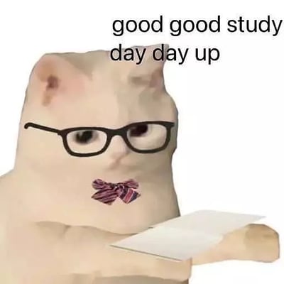 这张梗图使用了著名的Doge表情（柴犬），手里还拿着一本书，上方配有“good good study, day day up”的英文文本。这句本是对中文“好好学习，天天向上”的幽默直译，带有一种中式英语的搞笑氛围。图片整体风格让人觉得既励志又有点无厘头，非常适合用来调侃日常生活中的自我激励场景。

谐音/双关梗说明：英文“good good study, day day up”是中文“好好学习，天天向上”的直译，带有中式英语（Chinglish）特色，构成幽默点。