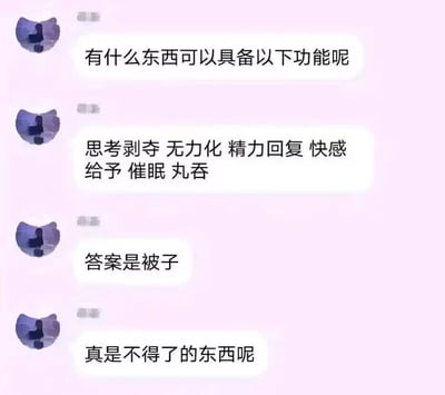 这是一张聊天记录截图形式的梗图，背景为淡紫色。图中包含四条消息，以问答形式展开：先提问"有什么东西可以具备以下功能呢"，接着列出"思考剥夺、无力化、精力回复、快感给予、催眠、丸吞"等看似矛盾的功能，最后揭晓答案是"被子"并感叹"真是不得了的东西呢"。通过将日常用品被子赋予一系列夸张又精准的描述，幽默地表达了人们对睡眠和休息的渴望，引发共鸣。