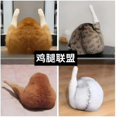 这是一张四宫格拼接图，展示了四只不同毛色的猫咪（橘猫、虎斑猫、棕猫、白猫）以相同姿势背对镜头的画面。每只猫咪都将后腿伸直抬起，圆润的臀部和翘起的腿形成了酷似鸡腿的有趣造型。图片中央有黑色背景白色文字的“鸡腿联盟”标题，巧妙利用猫咪的姿势制造出幽默效果。