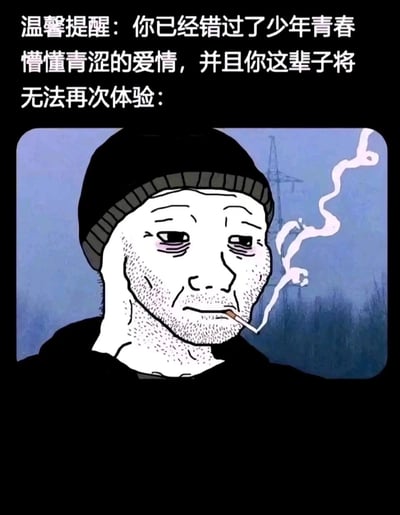 这是一张用于自嘲和共情的网络梗图，采用图文混排的形式：上方是黑色背景的白色文字，以“温馨提醒”的口吻，说出“你已经错过了少年青春懵懂青涩的爱情，并且你这辈子将无法再次体验”的扎心内容；下方是经典的Wojak（失意者）卡通形象，该形象戴着深色针织帽，满脸胡茬、眼窝凹陷，神情落寞疲惫，嘴里叼着一支正在冒烟的香烟，背景是灰蒙蒙的户外场景，有电线杆和模糊的植被，整体氛围充满了遗憾、怅惘的情绪。这张图通过夸张的失意卡通形象搭配戳中青春遗憾的文字，精准表达了人们对逝去的青春和错过的青涩爱情的怅惘，常被网友用来在社交平台上自嘲或与他人共情，属于本土化改编的网络迷因内容。