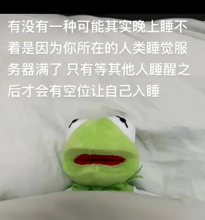 图片中是一只绿色的青蛙玩偶，它躺在白色的被窝里，眼睛睁得大大的，表情看起来十分清醒。玩偶上方覆盖着一段白色文字：'有没有一种可能其实晚上睡不着是因为你所在的人类睡觉服务器满了 只有等其他人睡醒之后才会有空位让自己入睡'。这张图通过将失眠现象幽默地比喻为'服务器满员'，用轻松诙谐的方式调侃了人们深夜难以入睡的常见困扰，引发共鸣。