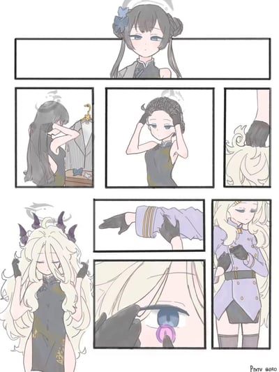 这是一组手绘风格的《碧蓝档案》同人连环漫画，展示了妃咲与空崎日奈两位角色互换造型的完整过程：
1. 开篇呈现身着旗袍的妃咲；
2. 妃咲摘下长发假发，露出空崎日奈的标志性编发；
3. 她拿起空崎日奈的卷发假发完成发型替换；
4. 另一侧空崎日奈戴上妃咲的长发假发、换上旗袍，接着穿上妃咲的服饰，最后佩戴美瞳，彻底复刻妃咲的造型。
整个创作是趣味十足的角色互换主题同人内容，没有双关或谐音梗。