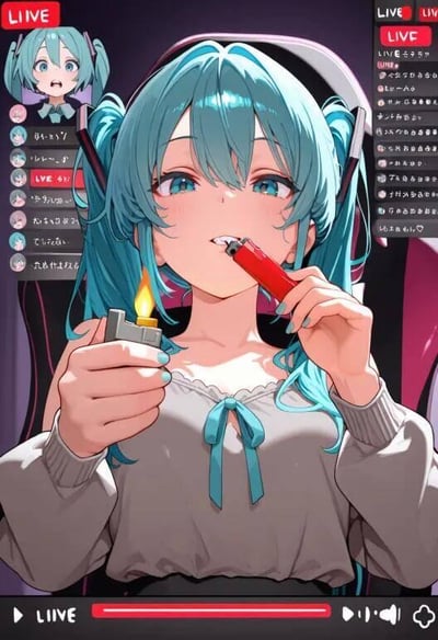 这是一张AI生成的模仿直播界面的恶搞图片，主体是虚拟歌手初音未来，她有着标志性的蓝绿色双马尾，身穿灰蓝色系带上衣，嘴中含着一支红色打火机，另一只手拿着一个点燃的打火机，做出模仿吸烟的搞怪动作。画面左上角是小窗口的惊讶表情初音，右上角和左上角都有“LIVE”的直播标识，右侧是模拟的日文观众评论区，底部是直播播放进度条。这张图通过将清新风格的虚拟偶像塑造成叛逆搞怪的形象，制造出强烈的反差感，没有双关、谐音梗或暗示内容。