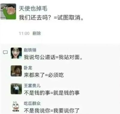 这张截图展示了几条群聊对话，对一些群聊中常用语进行了幽默的“潜台词翻译”，把表面上的客气、委婉的话语和网友们心知肚明的真实意思进行对照。比如“我们还去吗？”实际就是“试图取消”，以及“我说句公道话”其实是“我站对面”，都在玩一种语言双关、反向解读的梗。整体氛围轻松搞笑，讽刺了群聊中的社交潜规则，语言风格十分接地气，适合用来调侃和自嘲。

梗点说明：全都是常见网络群聊用语，结合实际场景和网友的真实心理，将原话用另一种视角进行“翻译”，满满的吐槽感和互联网幽默感。