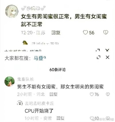 这是一张微博平台的社交媒体截图，用户@奶汩于12月20日在江苏发布观点：「女生有男闺蜜很正常，男生有女闺蜜就不正常」，该言论收获56个点赞。评论区用户「鬼畜队长」2小时前在河北发布评论，以逻辑反问的方式戳破该观点的双标性：「男生不能有女闺蜜，那女生哪来的男闺蜜」，这条反驳获得76个点赞。另有用户「去吧去吧皮卡丘」1小时前在安徽评论「CPU开始烧了」，调侃原观点的逻辑矛盾让人难以理解。截图中还显示「大家都在搜：马登」，与本次讨论内容无关。