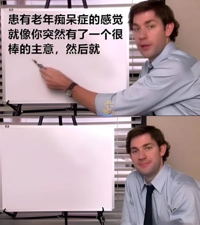 这是一个由两张《办公室》剧集截图组成的对比梗图。上图中，Jim穿着浅蓝色衬衫，正在白板上写字，旁边配有文字："患有老年痴呆症的感觉就像你突然有了一个很棒的主意，然后就"。下图中，Jim坐在空白的白板旁，表情略显困惑，暗示他忘记了自己原本想说的内容。通过这种幽默的方式比喻了老年痴呆症患者记忆突然消失的感受。
