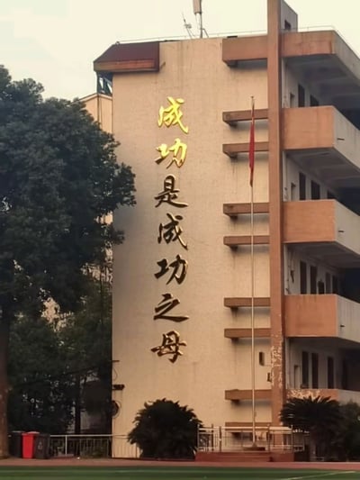 这是一张现实场景实拍图，画面主体是一栋浅米色外墙的多层楼房，墙面竖向安装了醒目的金色大字标语“成功是成功之母”。该标语修改了大众熟知的俗语“失败是成功之母”，带有反常识的趣味感和另类的鼓励意义。楼房右侧是棕褐色的外凸阳台结构，旁边竖立着旗杆，上面悬挂着红旗。建筑左侧有高大的常绿树木，底部有低矮绿植、围栏，画面最下方可见操场的绿色草坪，整体场景大概率为学校类的公共建筑。