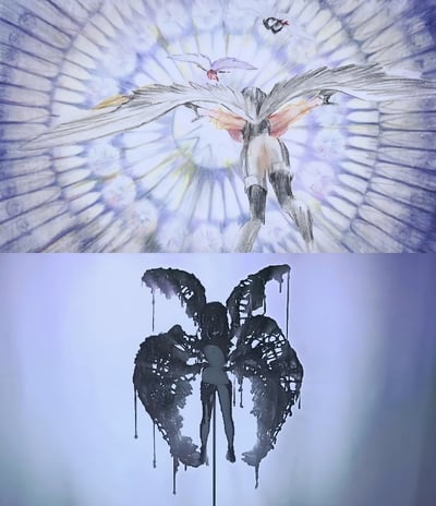 这幅插画分为上下两个部分，形成鲜明对比。上半部分描绘了一个拥有巨大白色羽翼的人物，背景是放射状的光芒，呈现出神圣而光明的氛围，周围还有飞鸟环绕。下半部分则是一个黑暗的抽象人物形象，身体被破碎的黑色结构包裹，形态扭曲，带有滴落的效果，整体呈现出神秘而压抑的感觉。
