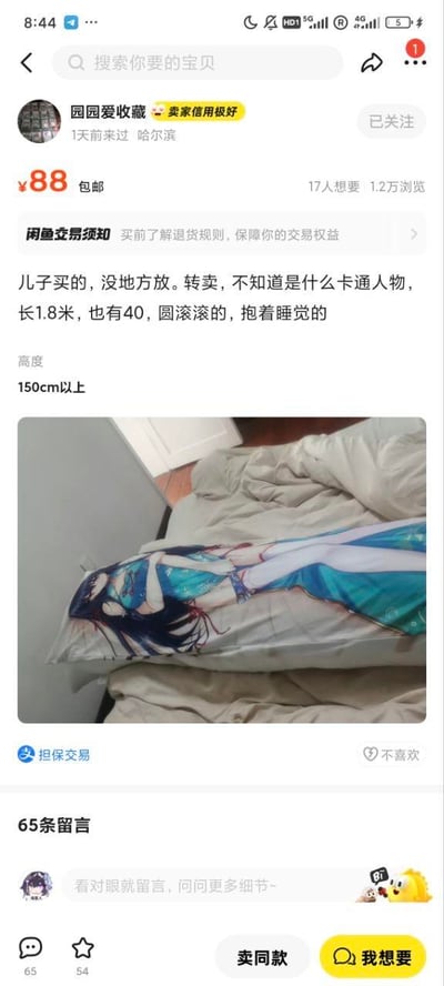 闲鱼卖家“园园爱收藏”发布的转卖信息截图，内容为一个1.8米长的动漫等身抱枕。卖家称是儿子购买后没地方放置，自己不知道具体卡通人物，描述抱枕“圆滚滚的，抱着睡觉的”，售价88元包邮，位于哈尔滨。商品页面显示有17人想要、1.2万浏览量，配图为抱枕放在床上的实拍图，可见蓝色服饰、黑色长发的女性动漫角色图案。