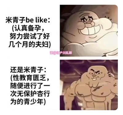这是一张对比式幽默梗图，通过上下两部分展示了"米青子"的两种截然不同状态。上图中，一个肥胖、表情滑稽的卡通角色代表"认真备孕，努力尝试了好几个月的夫妇"的情况；下图中，同一个角色变成肌肉发达、表情得意的形象，代表"性教育匮乏，随便进行了一次无保护性行为的青少年"的情况。图片通过夸张的视觉对比和文字说明，幽默地讽刺了生育中的偶然性和性教育问题。