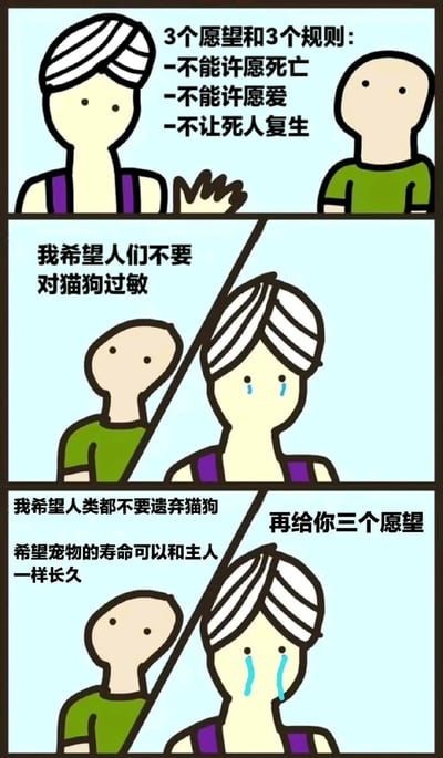 这是一幅三格连环漫画，讲述了一个暖心的许愿故事。第一格中，白发角色（疑似许愿使者）向绿衣角色列出三个规则：不能许愿死亡、不能许愿爱、不让死人复生。第二格中，绿衣角色许愿“希望人们不要对猫猫狗狗过敏”，白发角色感动得流下眼泪。第三格中，绿衣角色继续许愿“希望人类都不要遗弃猫狗”和“希望宠物的寿命可以和主人一样长久”，白发角色深受触动，决定“再给你三个愿望”。漫画通过简单的线条和对话，展现了对宠物的关爱与美好期盼。