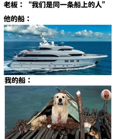 这是一张职场讽刺类梗图，通过对比手法展现老板与员工的巨大差距。上方文字显示老板说"我们是同一条船上的人"，中间配图是一艘豪华游艇标注为"他的船"，下方则是一只戴着领带的金毛犬坐在简陋木筏上，标注为"我的船"。图片通过"船"的比喻，幽默地揭示了职场中老板与员工实际处境的天壤之别，反映了员工对这种虚伪说辞的调侃和无奈。