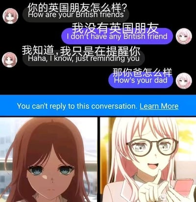 图片上半部分为模拟聊天对话界面，包含四句对话：“你的英国朋友怎么样？”“我没有英国朋友”“我知道，我只是在提醒你”“那你爸怎么样”，对话同时有中英文对照。对话下方有一条蓝色提示栏，显示“You can't reply to this conversation. Learn More”。图片下半部分分为左右两格，左侧是棕色长发、蓝色眼睛的动漫女孩，表情严肃直视前方；右侧是粉色长发、戴眼镜的动漫女孩，手持手机，食指抵在唇边，面带微笑。整体通过对话的反差制造幽默效果，属于调侃类梗图。