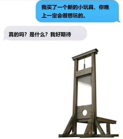 图片上方有两个对话气泡，蓝色气泡内容为“我买了一个新的小玩具，你晚上一定会很想玩的。”，灰色气泡内容为“真的吗？是什么？我好期待”。图片下方是一个木质断头台，通过将“小玩具”与具有危险和恐怖象征意义的断头台结合，形成黑色幽默效果，制造出预期与现实的强烈反差笑点。