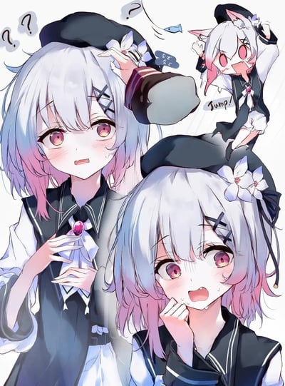 插画中展示了一位猫耳白发少女的三种不同姿态：左侧少女头发呈银白渐变粉紫色，头戴黑色贝雷帽并装饰白色花朵，额前有交叉发饰，眼神困惑，周围漂浮多个问号；右侧上方少女正跃起，双手张开，红色瞳孔充满活力，下方配有“Jump!”文字和一条小鱼图案；下方少女单手托腮，脸颊泛红，表情娇羞。整体风格为日系动漫风，线条流畅，色彩柔和，角色形象可爱灵动，展现了少女的多种情绪状态。