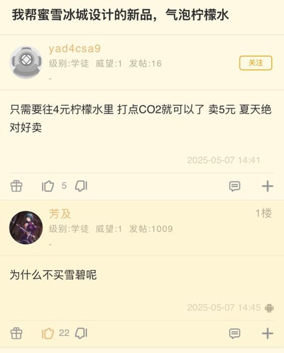 社交媒体截图显示，用户“yad4csa9”（级别：学徒，威望：1，发帖：16）为蜜雪冰城设计了一款名为“气泡柠檬水”的新品，提议将现有4元柠檬水添加CO2制成气泡水后以5元售卖，并认为“夏天绝对好卖”。1楼用户“芳及”（级别：学徒，威望：1，发帖：1009）则幽默评论“为什么不买雪碧呢”，一针见血地指出该创意与雪碧的相似性，形成有趣互动。截图包含用户头像、等级信息、发帖时间（2025-05-07 14:41）及点赞数据（主帖5赞，评论22赞）。