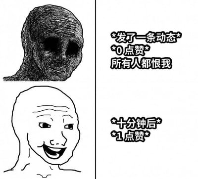 这是一张上下分栏的对比梗图，采用Wojak系列表情包展现社交媒体用户的心态变化：
1. 上半部分：深色抑郁风格的Wojak，搭配文字“*发了一条动态* *0点赞* 所有人都恨我”，精准刻画了用户发布动态后无人点赞时，陷入自我怀疑、觉得被所有人讨厌的低落消极心态。
2. 下半部分：浅色开心风格的Wojak，搭配文字“*十分钟后* *1点赞*”，展现仅过去十分钟，收到一个点赞后用户瞬间变得开心满足的状态。
图中没有双关或谐音梗，核心是戳中了部分社交媒体用户对他人反馈过度敏感的心理，通过强烈的情绪反差制造笑点。