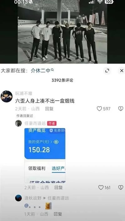 这是一张社交媒体评论截图，顶部区域展示了六名年轻男生在夜晚户外场所并排站立的合影，六人互相搭着同伴肩膀排成一列；合影下方带有平台搜索提示文字“大家都在搜：介休二中”，标注该内容共有3392条评论；评论区中，用户“玩澜不难”留言调侃“六歪人身上凑不出一盒烟钱”，该评论获得597个点赞，发布地点标注为山西；该帖子的作者“任重而道远”回复了这条评论，并晒出自己的个人资产概览截图，显示账户总资产仅为150.28元，这条回复获得161个点赞，发布地点同样为山西，下方还有其他用户的回复内容；整体内容是调侃这六名年轻人手头拮据，作者晒出自己的低资产进一步呼应了“贫穷凑不出烟钱”的笑点。