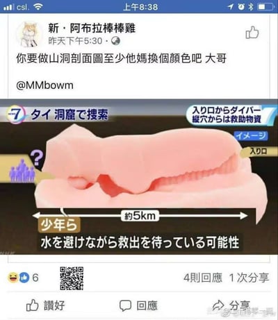这是一张社交媒体动态截图，顶部是繁体中文用户发布的吐槽内容，吐槽他人制作的泰国洞穴救援事件的山洞剖面图应该选用更合适的配色。下方配图是相关新闻报道的洞穴救援示意图，图中以浅粉色绘制出总长约5公里的山洞结构，标注有从洞口派遣潜水员、从竖井投放救援物资、受困少年大概率正在躲避积水等待救援等日文说明，该示意图因配色和外形设计不符合常规的地质示意图风格，被网友调侃不妥。截图底部可见点赞、评论、分享按钮及对应的互动数据。