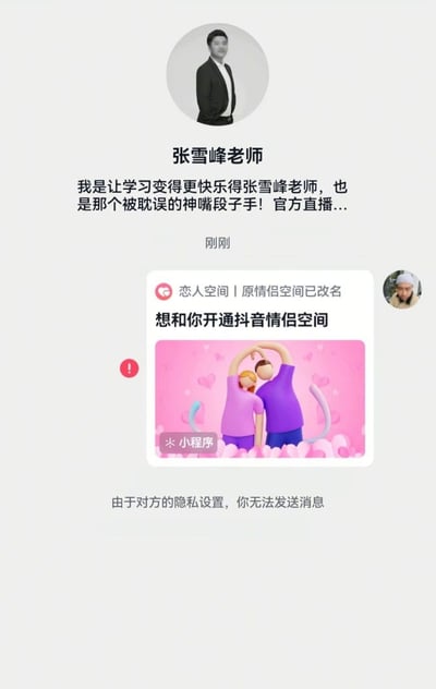 这是一张网友恶搞的社交媒体聊天界面截图，界面顶部是教育博主张雪峰的账号头像与个人简介，下方显示有用户向该账号发送了申请开通抖音恋人空间的小程序卡片，底部系统提示显示发送者由于对方隐私设置无法再发送消息，意味着发送申请的用户已经被账号拉黑，内容将知名公众人物、无厘头的情侣空间申请、被拉黑的意外结果结合，形成强烈的搞笑反差效果。