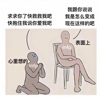 图片通过两个卡通 stick figure 形象展现 INFP 性格的内外反差。左侧跪地的角色标注“心里想的”，面带泪痕、双手合十，配文“求求你了快救救我吧 快抱住我说你爱我吧”，表现内心的脆弱与渴望；右侧坐在椅子上的角色标注“表面上”，表情平静、双手交叉，配文“我跟你说说 我是怎么变成现在这样的吧”，呈现外在的镇定。整体用幽默方式诠释 INFP 内心波涛汹涌与表面云淡风轻的经典反差。