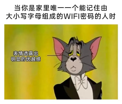 图片上方配有文字“当你是家里唯一一个能记住由大小写字母组成的WiFi密码的人时”，下方是《猫和老鼠》中的汤姆猫穿着黑色礼服、打着白色领结，表情高傲，眼神中透露出明显的优越感，旁边配有文字“表情透露出明显的优越感”。整体通过汤姆猫的经典高傲形象，幽默地表现出作为家里唯一记得复杂WiFi密码的人时的得意心态。