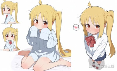 这是一组展示金发双马尾动漫少女的多图拼接插画，包含四个不同角度和姿势的角色形象。中央是最大的主图，少女穿着宽大的白色衬衫，双手捂嘴，脸颊泛红，显得十分害羞可爱。左上角是她的坐姿全身图，左下角是Q版坐姿形象，右侧则是她站立并带有爱心气泡的表情。整体风格萌系，色彩清新，展现了角色的多种可爱姿态。
