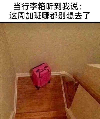 这是一张充满趣味的拟人化搞笑梗图，顶部配有文字“当行李箱听到我说：这周加班哪都别想去了”。画面中一个粉色的小型行李箱停在室内楼梯的转角位置，被赋予了人类的情绪，仿佛在得知原本的出行计划因为加班彻底泡汤后，陷入了失落与沮丧之中，生动地映射出打工人因为加班被迫取消出行的无奈与遗憾。图片通过将无生命的行李箱拟人化，用幽默的方式调侃了职场加班的普遍现状，精准戳中打工人的痛点，引发强烈的情感共鸣。