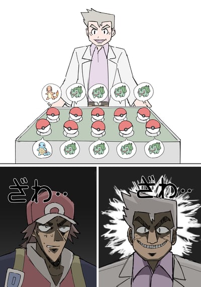 这是一张宝可梦系列的二次创作梗图，分为上下两个部分：
1. 上半部分：大木博士得意地展示10个精灵球，其中仅有1个小火龙、1个杰尼龟，剩下8个全部是妙蛙种子，玩梗初代宝可梦三选一的初始选择场景。
2. 下半部分：左侧是初代主角赤红，满头大汗，面露惊恐不安的神情；右侧是大木博士露出诡异的坏笑，两侧都配有日文拟声词「ざわ…」，渲染出尴尬又诡异的氛围。
整体是通过魔改经典场景，制造出被迫选择妙蛙种子的搞笑效果，没有双关或谐音梗，纯靠场景整活带来笑点。