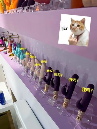 这是一张经过趣味加工的图片，主体是成人用品展示区的实拍场景，展台上整齐陈列着多款不同颜色、造型的情趣用品，每款用品旁都被添加了黄色的“我吗？”文字，将这些用品拟人化，仿佛它们在回应点名；右上角拼接了一张网络热门的猫咪表情包，表情包里的猫咪露出疑惑无辜的表情，旁边有一只手比出指向的手势，配文“我？”，与下方用品的文字形成呼应，整体用拟人化的方式调侃这些成人用品，营造出轻松搞笑的氛围。