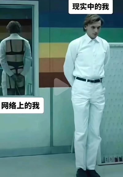 图片通过镜子反射形成鲜明对比，左侧镜子中显示人物穿着黑色 harness（网络上的我），右侧现实中人物穿着完整的白色制服（现实中的我），幽默地表现了人们在网络与现实中的不同形象反差。
