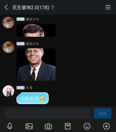 这是一张名为“花生基地2.0(178)”的中文即时通讯群聊截图，群成员“番茄沙司”（等级LV23）先后发送了两张美国前总统约翰·F·肯尼迪的肖像图片，第一张仅展示肯尼迪的头顶部分，第二张是肯尼迪完整的微笑官方肖像；随后群成员“东浦”（等级LV31）发送消息“分头行动😋”，利用“分头”的双关含义——既指分开行动，又字面对应第一张图里被“分离”的头部，制造出搞笑的趣味效果，是典型的网络社群双关梗图互动。