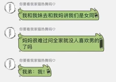 这是一张聊天记录截图，左侧的聊天对象全程无视对方分享的家庭内容，连续三次重复发送“你要看我家猫热舞吗♡”的消息，另一方则先后分享三件事：自己和妹妹一起向母亲出柜为女同性恋、母亲得知后难过地询问全家是不是没人喜欢男性了、弟弟听到问题后立刻应声回答“我！”，错位的对话节奏加上弟弟的反转回答形成了双重搞笑效果。