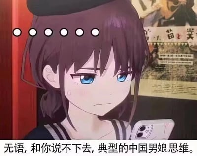 这是一张经过二次创作的网络表情包，画面主体是出自动画《Lycoris Recoil》的井之上泷奈，她有着深棕色头发与蓝色眼睛，眉头微蹙，脸颊挂着汗珠，眼神满是无奈与烦躁，正低头看着手中的手机，头顶还添加了六个代表无语、不想继续交流的白色圆点。图片下方配有醒目的吐槽文字“无语, 和你说不下去, 典型的中国男娘思维。”，将动漫角色的无奈神情与吐槽文字结合，精准传递出在沟通中对对方观点极度不认同、感到无语且不想继续对话的情绪，适合在网络聊天、争论场景中使用，快速表达自身的烦躁不满。