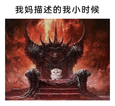 这是一张充满反差感的搞笑P图，顶部配文“我妈描述的我小时候”，画面主体是一个充满暗黑恐怖风格的地狱王座，王座整体造型狰狞尖锐，背景是火焰缭绕的地狱场景，而王座的中央却端坐着一只奶凶奶凶的小奶猫，可爱软萌的小猫和威严恐怖的王座形成强烈反差，用来调侃在妈妈的描述里，自己小时候就像个统治地狱的“小魔王”一样调皮捣蛋，用可爱的形象对应“小恶魔”的设定，戳中了很多人关于妈妈吐槽自己童年的共鸣点，风格搞笑又接地气。
