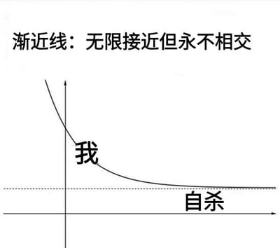 图片以数学坐标系为背景，上方配有文字“渐近线：无限接近但永不相交”。坐标系中，一条曲线标记为“我”，从左上角向右下方延伸，逐渐逼近标注为“自杀”的水平渐近线，但始终不相交。通过数学概念隐喻一种心理状态，表达了一种无限接近某个极端状态却始终无法达到的复杂情绪。
