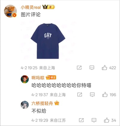 这是一张微博平台的评论区截图，用户“小精灵real”发布带图评论，展示了一件胸口印有白色大写英文单词“GAY”的深蓝色短袖T恤，该动态发布于4月2日19:25，IP属地为上海，共获得422个点赞；下方博主“啊吗粽”回复“哈哈哈哈哈哈哈哈哈哈哈你特喵”，发布于当日19:37，IP属地上海，获赞196；用户“六桥揽轻舟”回复文字“不似给”，谐音“不是gay”呼应T恤字样玩梗，发布于当日19:29，IP属地江苏，获赞34，整体是网友玩文字谐音梗的搞笑内容。