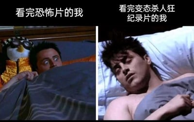 这是一张左右对比的搞笑梗图，通过两个不同的影视截图画面，展现人们看完不同类型惊悚内容后的状态反差：左侧是美剧《老友记》中的乔伊，他瞪大双眼，满脸惊恐地躲在被子里，对应配文“看完恐怖片的我”，生动表现出观看虚构恐怖片后，被虚构的恐怖情节吓得心神不宁、充满恐惧的状态；右侧是一位神态放松的男性，安稳地躺在床上，对应配文“看完变态杀人狂纪录片的我”，表现出观看真实的变态杀人狂纪录片后，反而因为直面真实的恐怖，心态产生变化，能够平静入睡的反差感。这张图精准调侃了很多人面对虚构恐怖与真实恐怖内容时截然不同的反应，引发共鸣。