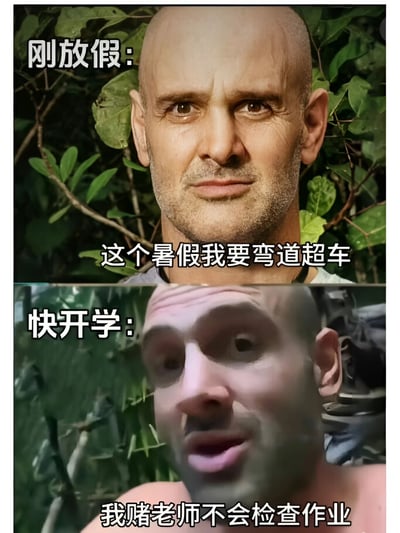这是一张上下对比的双图拼接梗图，使用了英国探险家贝尔·格里尔斯的两张照片进行对比。上半部分图中贝尔表情坚定，配文"刚放假：这个暑假我要弯道超车"，展现了学生刚放假时雄心勃勃的状态；下半部分图中贝尔表情夸张惊讶，配文"快开学：我赌老师不会检查作业"，幽默地表现了假期结束时学生作业未完成的侥幸心理。图片通过人物表情和文字的强烈对比，生动地呈现了学生群体中常见的假期计划与现实的差距，引发共鸣和笑点。