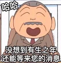 图片中是一个卡通风格的老爷爷形象，他双眼眯起，嘴巴大张，露出开心惊喜的表情，头顶上方有“哈哈”字样，下方配有文字“没想到有生之年！还能等来您的消息”。整体画面生动地表现出久等之后收到消息的激动与喜悦，常用于聊天中表达意外惊喜的情绪。