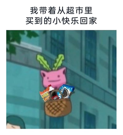 这是一张充满治愈感的网络meme创作图，采用图文混排的形式，上方配有文字“我带着从超市里买到的小快乐回家”。图中主体是一个经过P图修改的粉色卡通形象（原型为《宝可梦》中的百变怪，添加了绿色叶子状装饰），它面带微笑，表情满足地提着一个棕色编织篮，篮子里装有奇多零食、百事可乐、奥利奥饼干等常见的零食饮料，背景是一栋楼房的外墙。整体画面传递出买到心仪零食后的轻松愉悦，展现了日常里的小确幸。