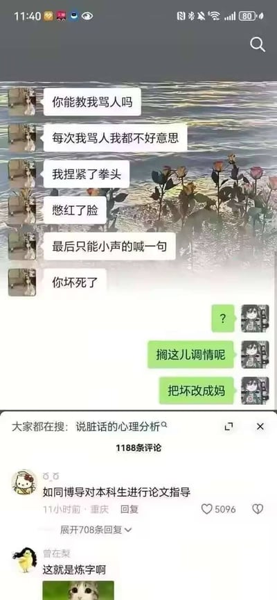这是一张社交媒体聊天记录截图，展示了一段幽默对话：用户表示想学习骂人，却因不好意思，在捏紧拳头、憋红脸后只能小声喊出“你坏死了”。下方回复调侃这是“搁这儿调情呢”，并建议“把坏改成妈”。截图底部还有网友评论，如“如同博导对本科生进行论文指导”“这就是炼字啊”，整体营造出一种因反差萌带来的搞笑氛围。
