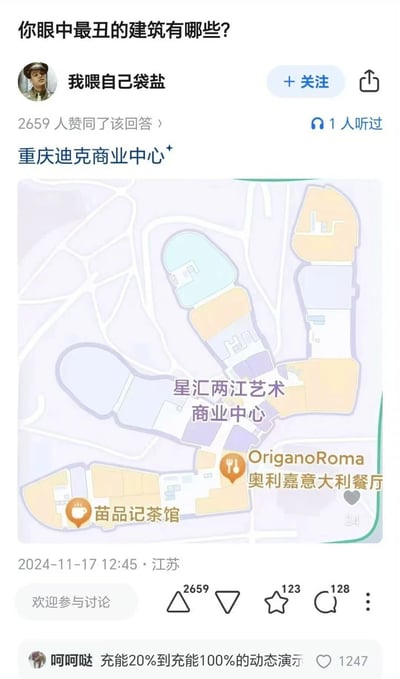 社交媒体问答截图显示，用户“我喂自己袋盐”在“你眼中最丑的建筑有哪些？”的问题下，回答“重庆迪克商业中心”，并附带该商业中心区域的地图。截图包含用户头像、关注按钮、2659个赞同、123个收藏、128条评论等互动数据，发布时间为2024年11月17日12:45（江苏）。地图中标注了星汇两江艺术商业中心、奥利嘉意大利餐厅、苗品记茶馆等地点。